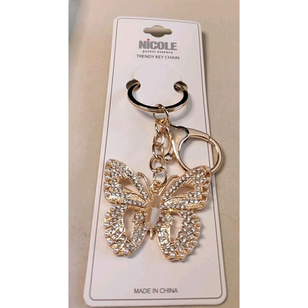 Gold Tone Butterfly Bag Charm Key Ring Clear Rhinestone